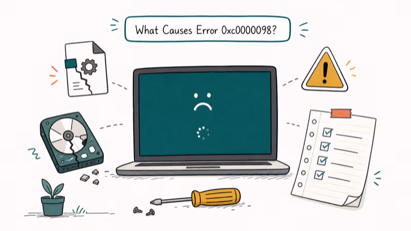 Hand-drawn illustration: What Causes Error 0xc0000098?