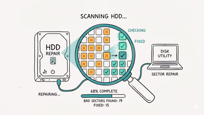 Hand-drawn illustration of hard drive being scanned with bad sectors repaired