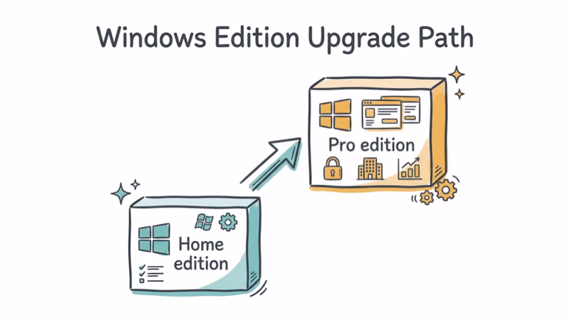 Hand-drawn illustration of Windows Home to Pro upgrade path with arrow