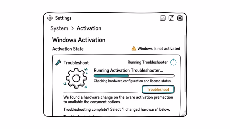 Hand-drawn illustration of Windows activation troubleshooter settings panel running