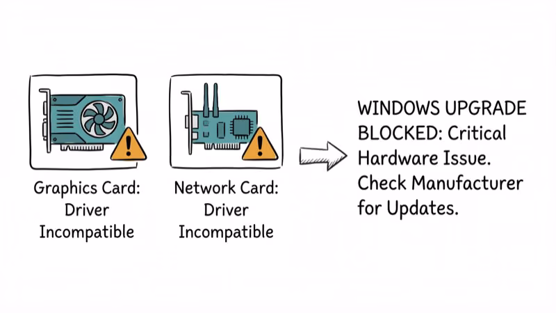 Hand-drawn illustration of hardware components with warning signs showing driver conflicts