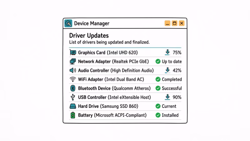 Hand-drawn illustration of Device Manager window with drivers being updated