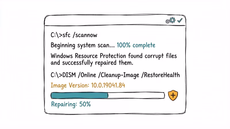 Hand-drawn illustration of command prompt running SFC and DISM system repair scans