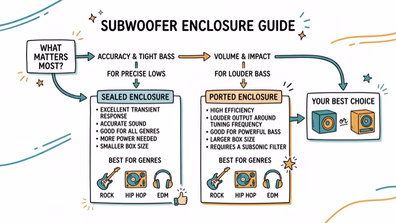 Hand-drawn illustration showing sealed versus ported subwoofer enclosure comparison