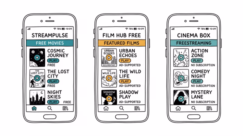 Three smartphone screens showing free legal streaming app interfaces