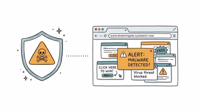 Hand-drawn shield with malware warnings and pop-up ads on browser