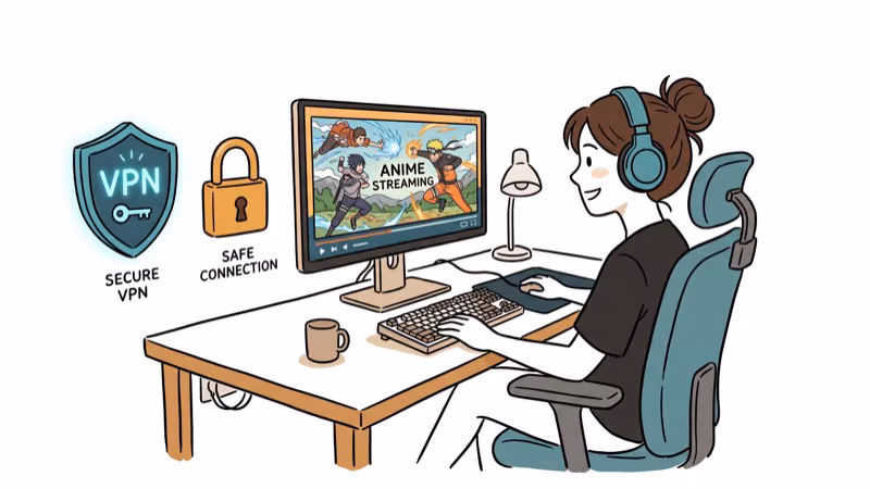 Person at desk watching anime on monitor with VPN shield and padlock icons