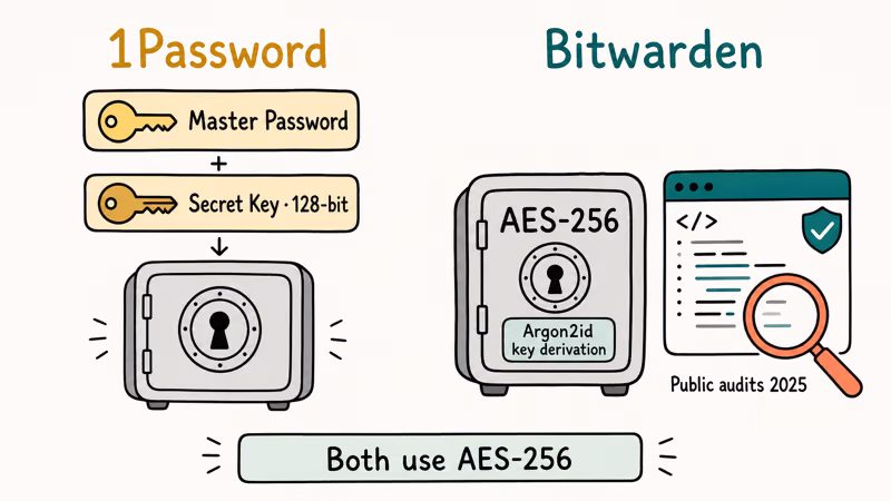 Password vault encryption layers showing 1Password Secret Key and Bitwarden open source public audits