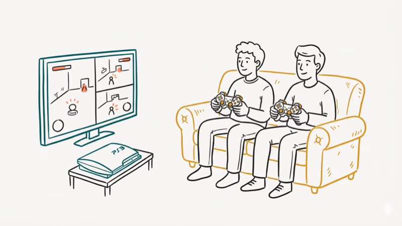 Two players enjoying split-screen PS3 gaming on a couch