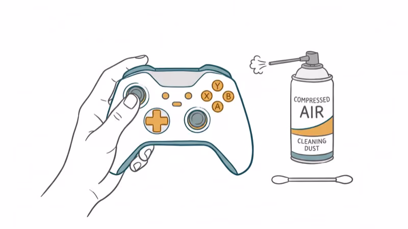 Hand holding game controller with compressed air can and cotton swab for cleaning