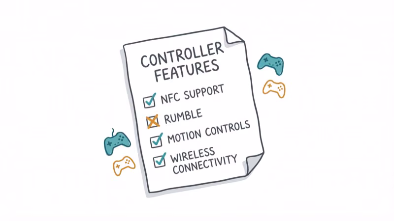 Controller features checklist showing NFC rumble motion controls and wireless