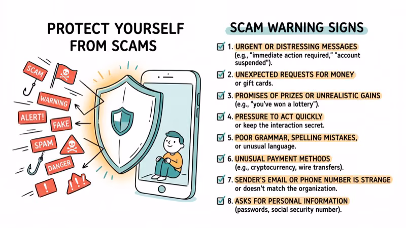 Hand-drawn illustration of a shield protecting a phone from scam warning indicators
