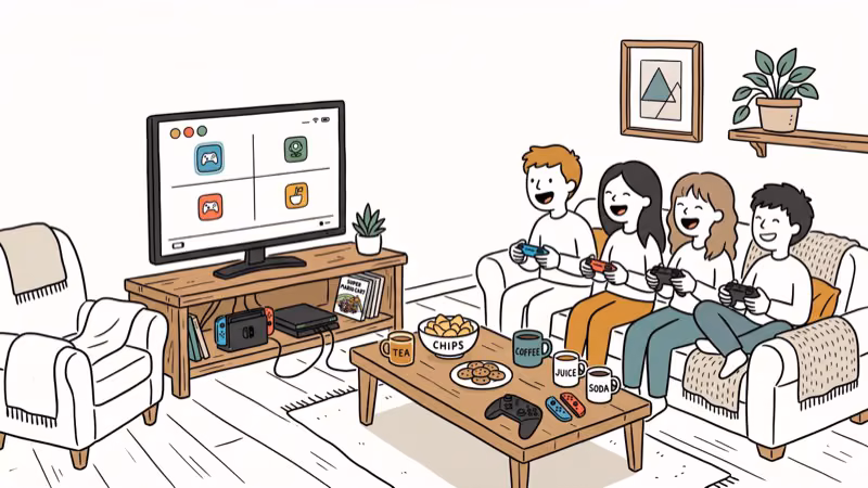 Living room gaming setup with TV controllers snacks and drinks on coffee table