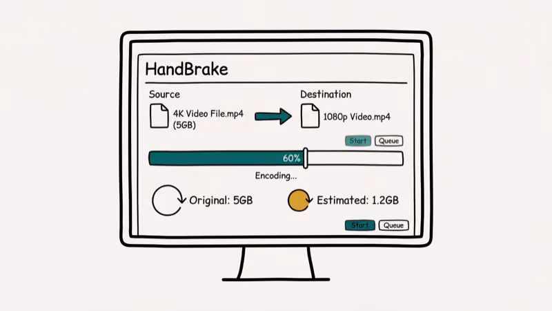 HandBrake video converter interface showing 4K to 1080p downscale settings and progress bar