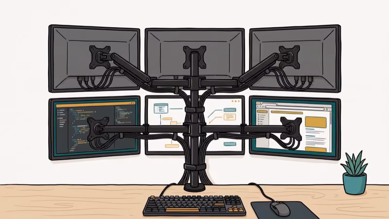 Monitor mounting arm with organized cable management clips keeping six display cables bundled neatly behind screens