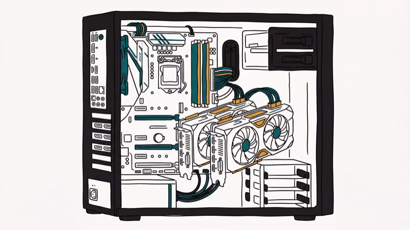 Computer case interior showing dual graphics cards installed with multiple DisplayPort outputs for six monitors