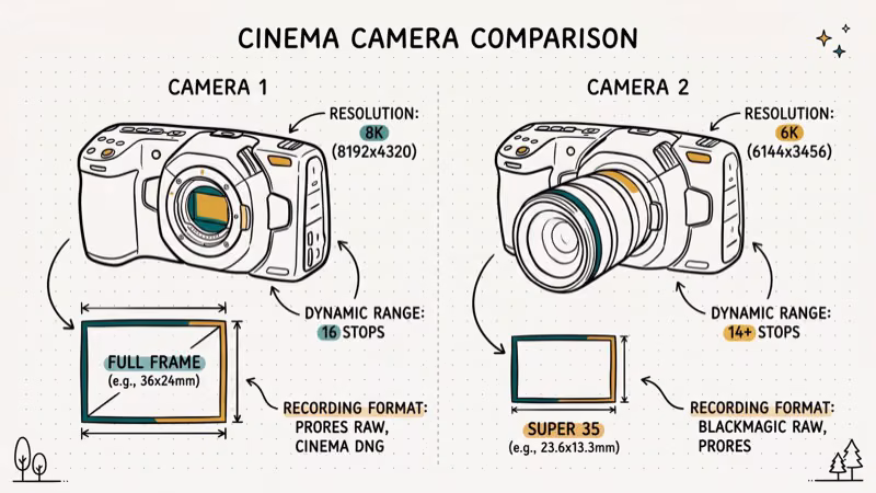 Side-by-side comparison of two professional cinema cameras with sensor size diagrams and feature callouts