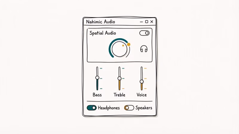 Nahimic audio software interface showing spatial audio controls, sound sliders, and headphone output toggles