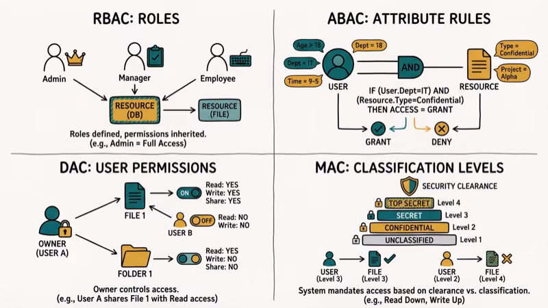 Four types of access control RBAC ABAC DAC MAC shown in a grid with icons and brief descriptions