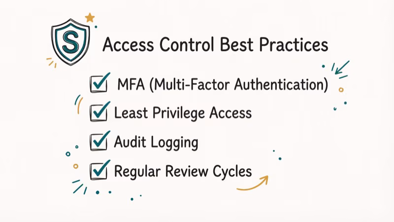 Access control best practices checklist with MFA, least privilege, audit logging, and regular review security shield