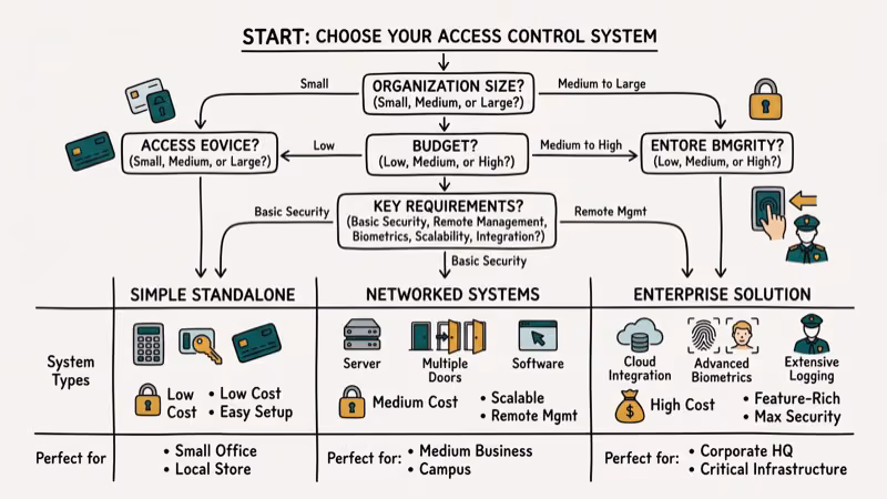 Access control system selection comparison chart by organization size, budget, and security requirements