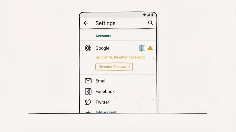 Android Settings Accounts screen showing Google account with sync error icon and re-enter password prompt