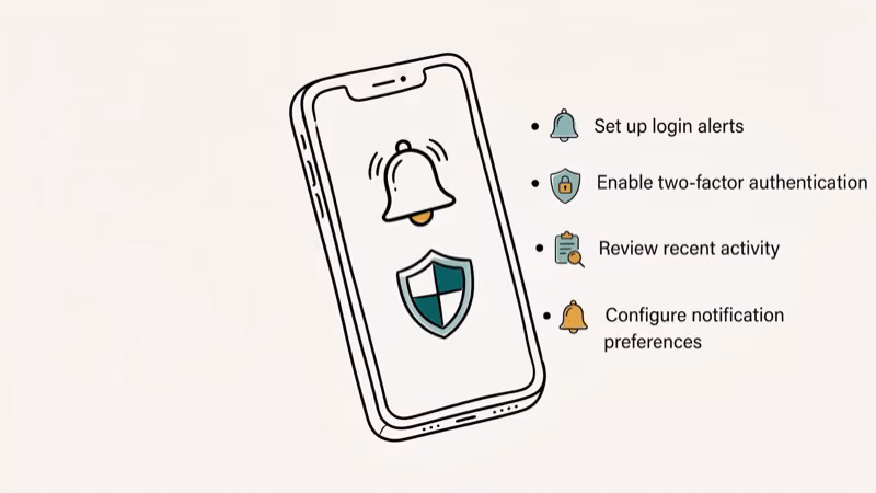 Phone showing notification bell and shield icon for account alert prevention