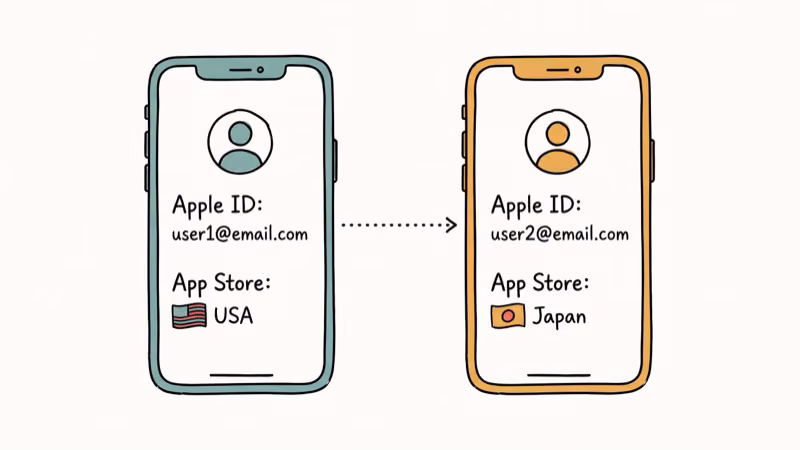 Two iPhones showing different Apple IDs accessing USA and Japan App Stores