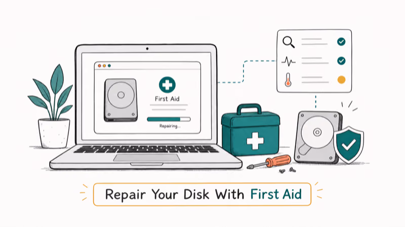 Hand-drawn illustration: Repair Your Disk With First Aid