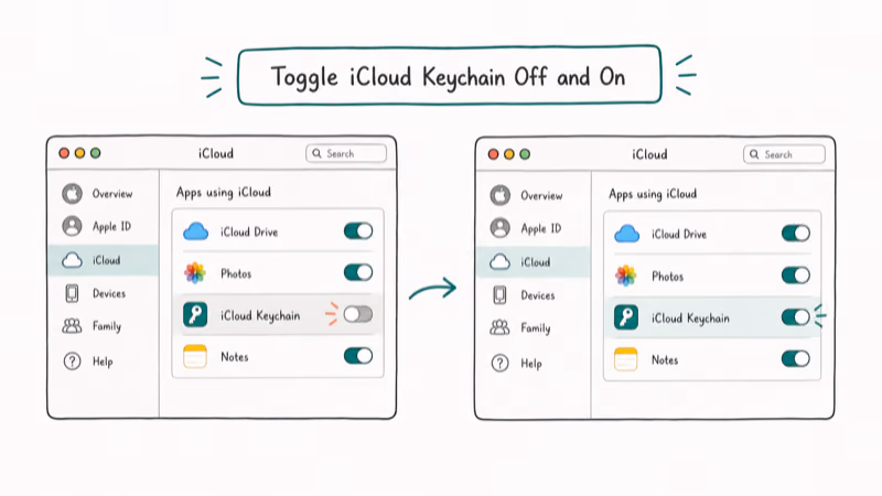 Hand-drawn illustration: Toggle iCloud Keychain Off and On
