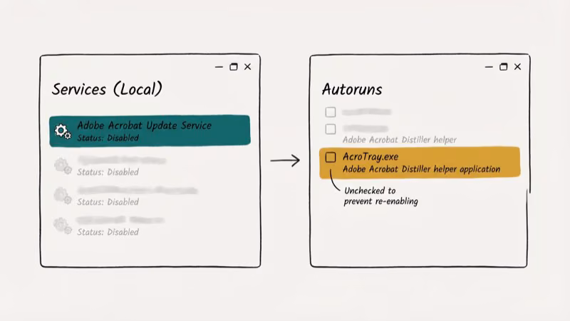 Windows Services panel with Adobe Acrobat update service and Autoruns tool showing AcroTray entry unchecked