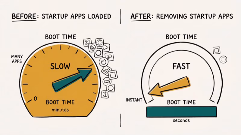 Windows boot time speedometer showing improvement after removing unnecessary startup programs including AcroTray