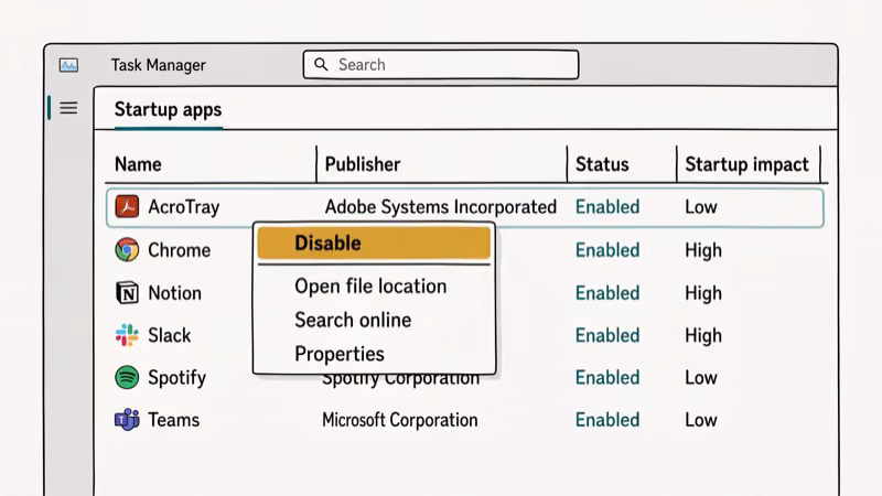 Windows Task Manager Startup Apps tab showing AcroTray entry with right-click Disable option highlighted