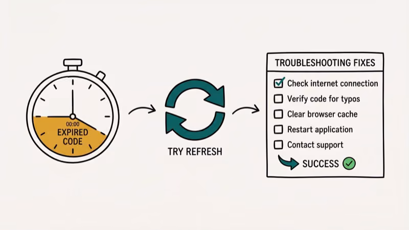 Activation code troubleshooting steps showing expired code timer, refresh arrows, and checklist of fixes
