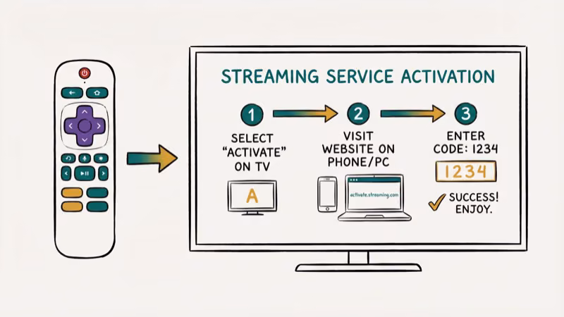 Roku remote and TV showing step-by-step streaming service activation process with numbered steps and arrows