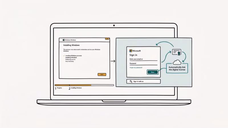 Windows reinstall process showing Microsoft account sign-in that automatically links the digital license