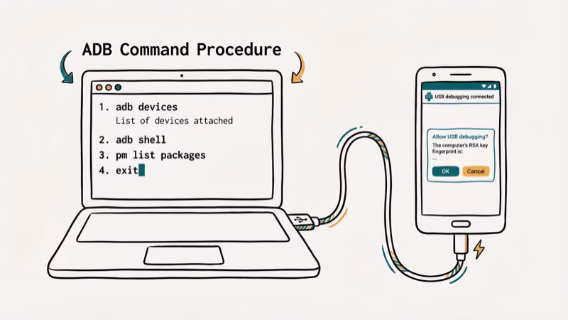 ADB command procedure on laptop terminal with Android phone in USB debug mode showing numbered command sequence