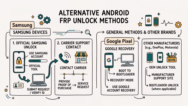 Alternative FRP unlock methods for different Android manufacturers including Samsung and carrier support options