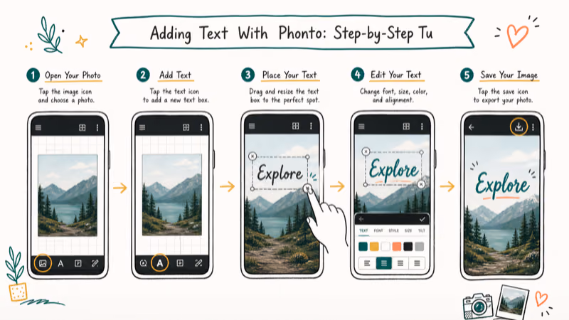 Hand-drawn illustration: Adding Text With Phonto: Step-by-Step Tutorial