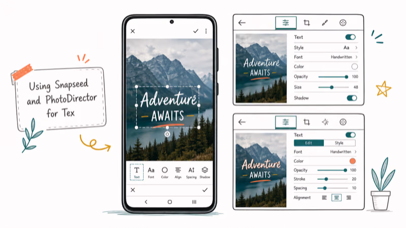 Hand-drawn illustration: Using Snapseed and PhotoDirector for Text Overlays