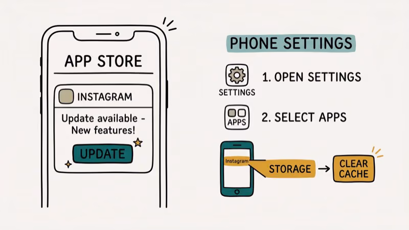 Smartphone showing Instagram app update notification in app store and cache clearing steps in settings