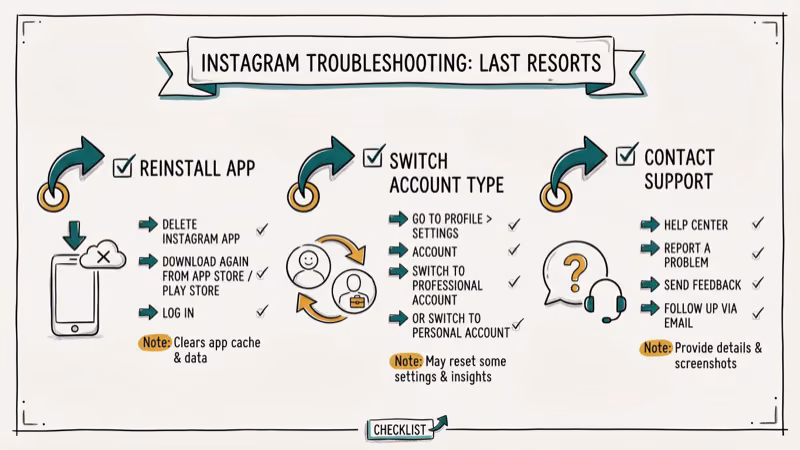 Last resort troubleshooting checklist showing reinstall app, account type switch, and Instagram support contact options