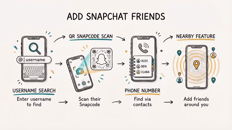 Snapchat friend-adding methods showing username search, Snapcode QR scan, phone number, and nearby feature icons
