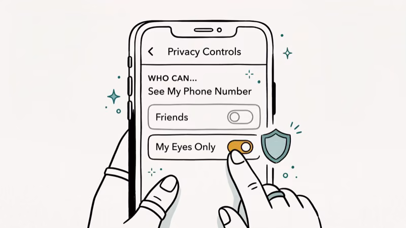 Snapchat privacy settings panel with phone number visibility toggle switched to private with shield icon
