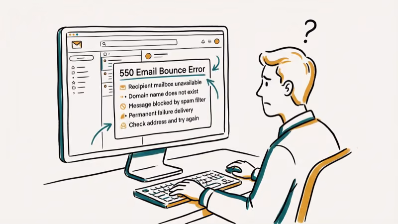 Gmail SMTP bounce error code 550 displayed on screen with error details listed