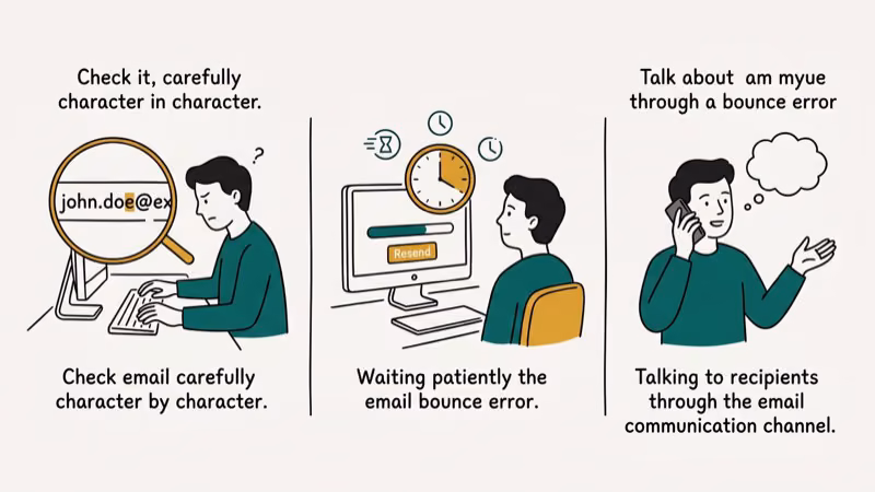 Person carefully checking email address character by character before resending a bounced Gmail message