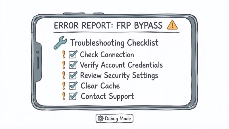 Android phone showing FRP bypass troubleshooting checklist with warning icons