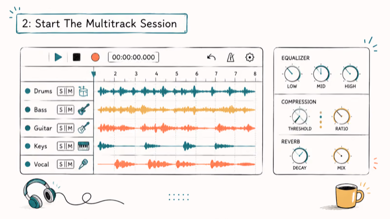 Hand-drawn illustration of 2: Start The Multitrack Session