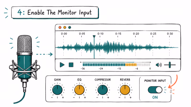 Hand-drawn illustration of 4: Enable The Monitor Input