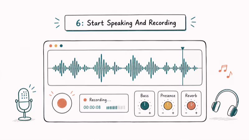 Hand-drawn illustration of 6: Start Speaking And Recording